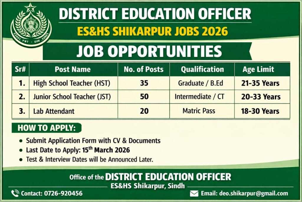 District Education Officer ES&HS Shikarpur Jobs 2026