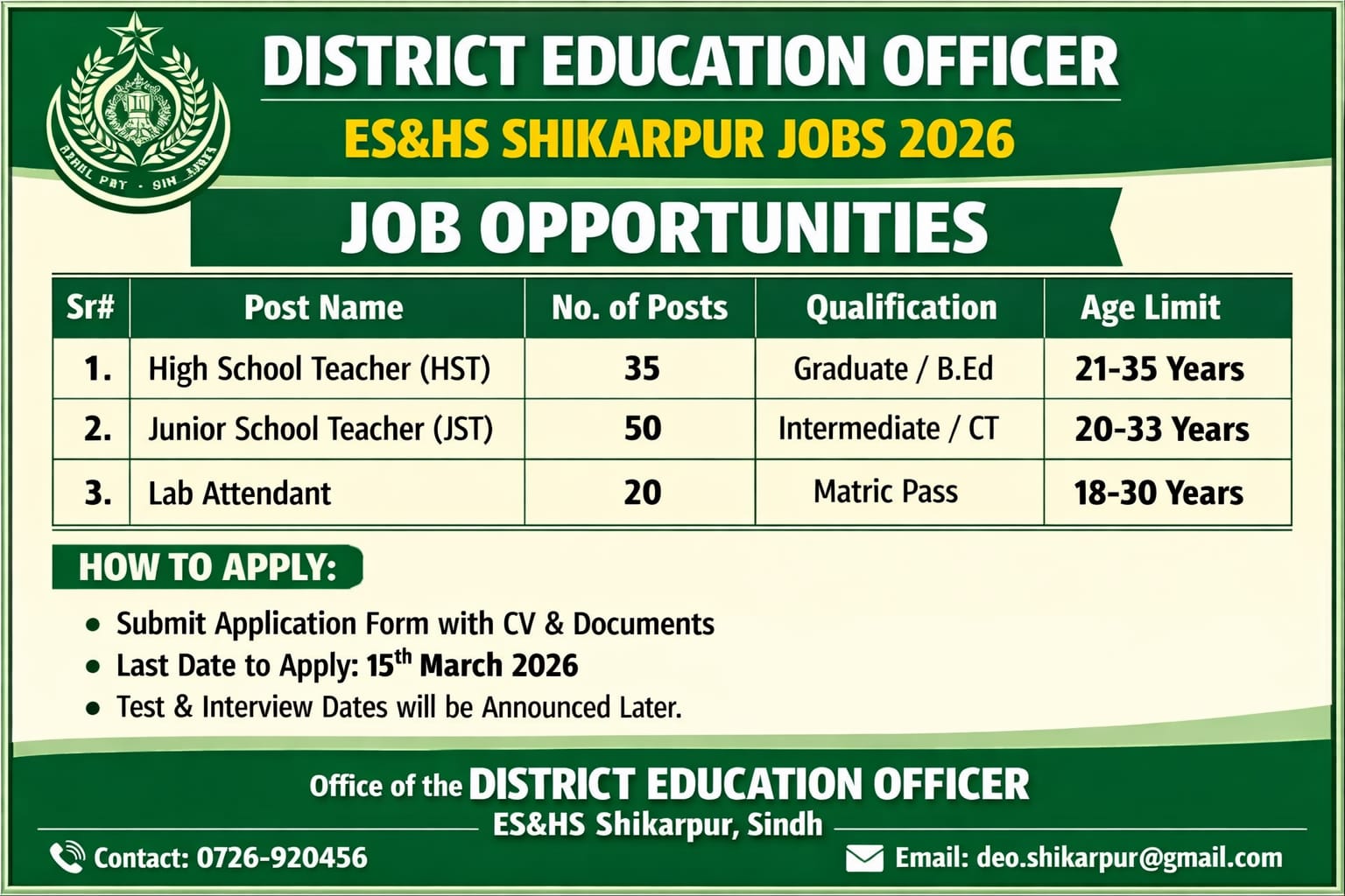 District Education Officer ES&HS Shikarpur Jobs 2026